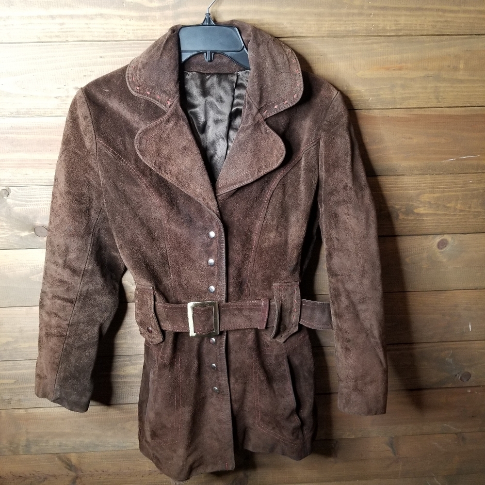 1970s Dark Brown Suede Orange Accented Stitching Belted Leather Coat Hippy Rock